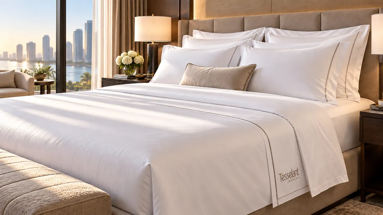 Lençóis brancos premium em cama de hotel