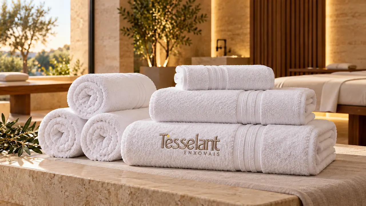 Toalhas brancas premium dobradas em ambiente de spa