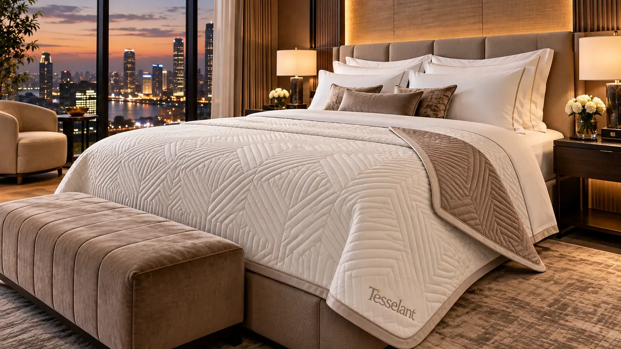 Cobreleito matelassê premium sobre cama de hotel