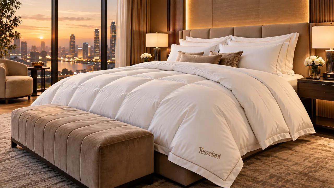 Edredom branco volumoso em cama king-size de hotel