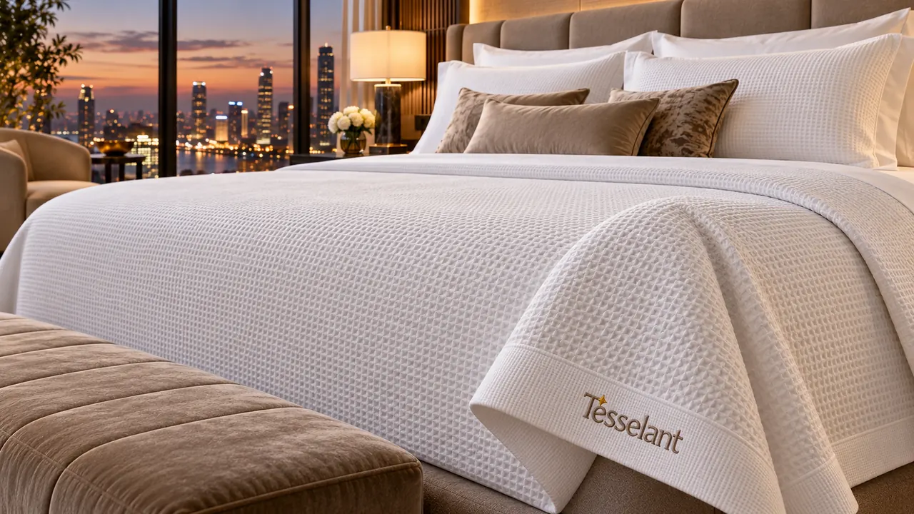Colcha piquet branca com textura em quarto de hotel