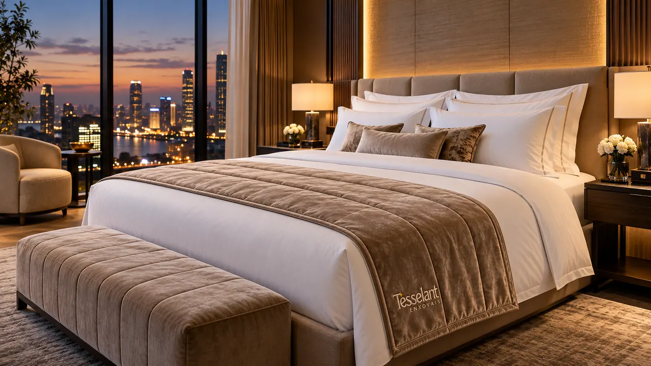 Peseira em tom taupe sobre cama de hotel