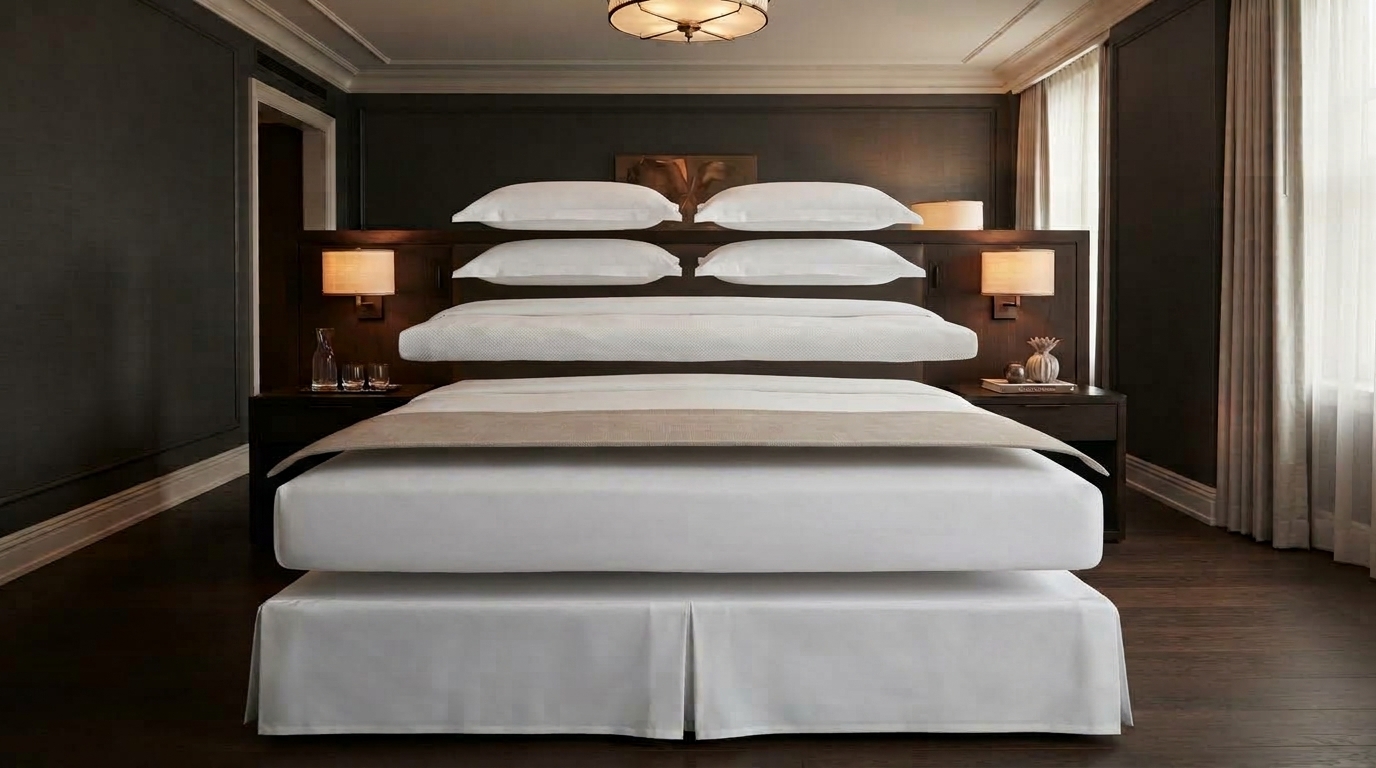Vista explodida da cama, com as camadas do enxoval separadas: fronhas, colcha piquet, lençóis, peseira, protetor e saia da cama